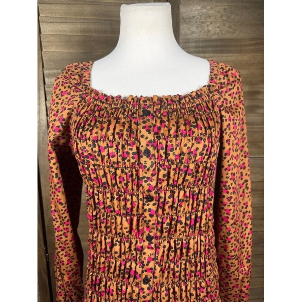 Foxcroft NYC Womens Pink Tan Leopard Print Smocked Square Neck Top Size 8 - Picture 4 of 11